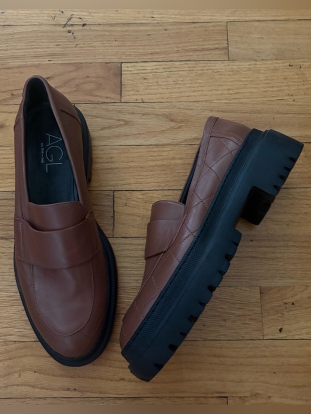 AGL Brown Leather Platform Loafers Lug Sole  Size 9